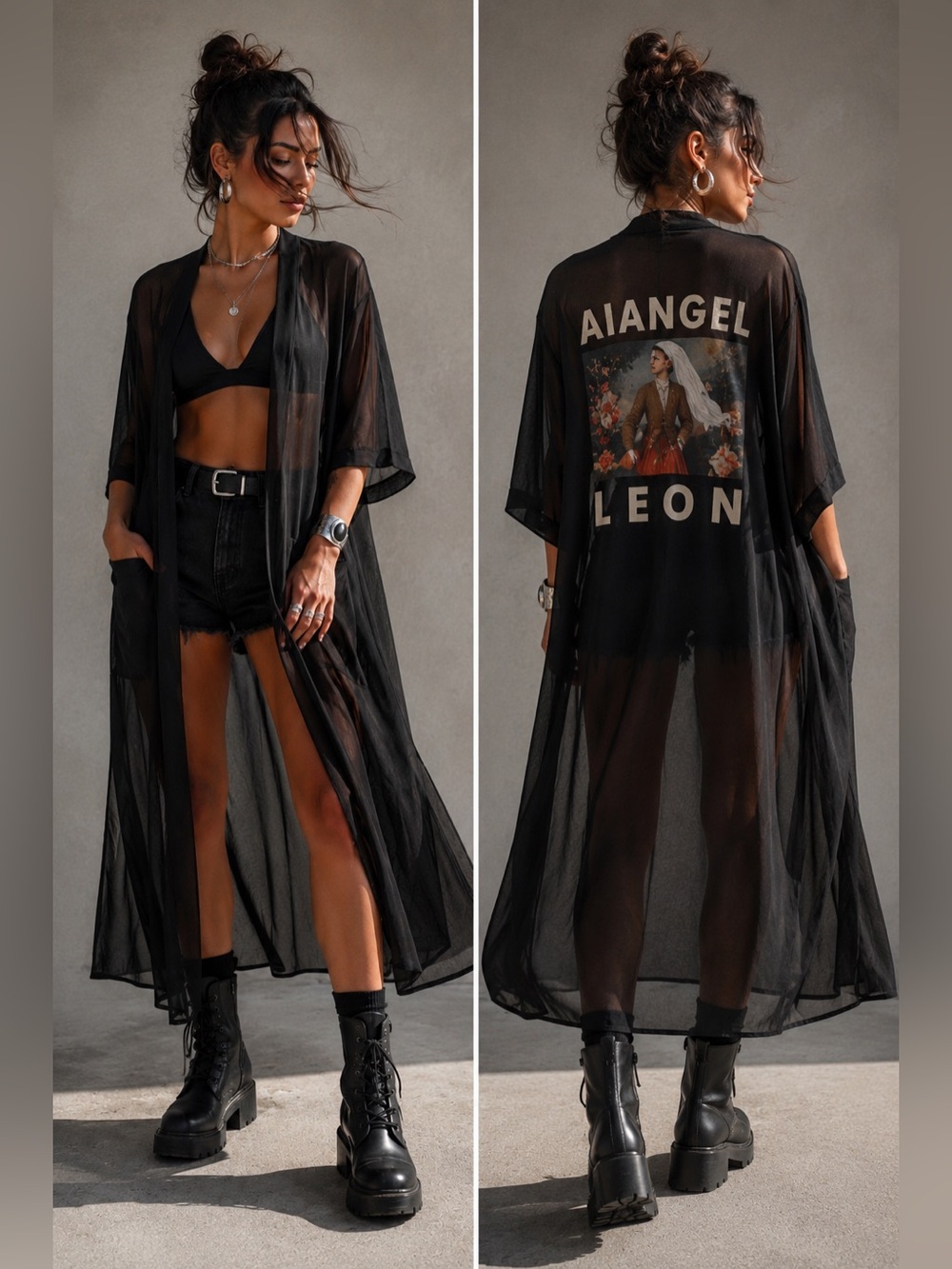 Sheer Black Graphic Kimono Duster Avant Garde Layering Cardigan